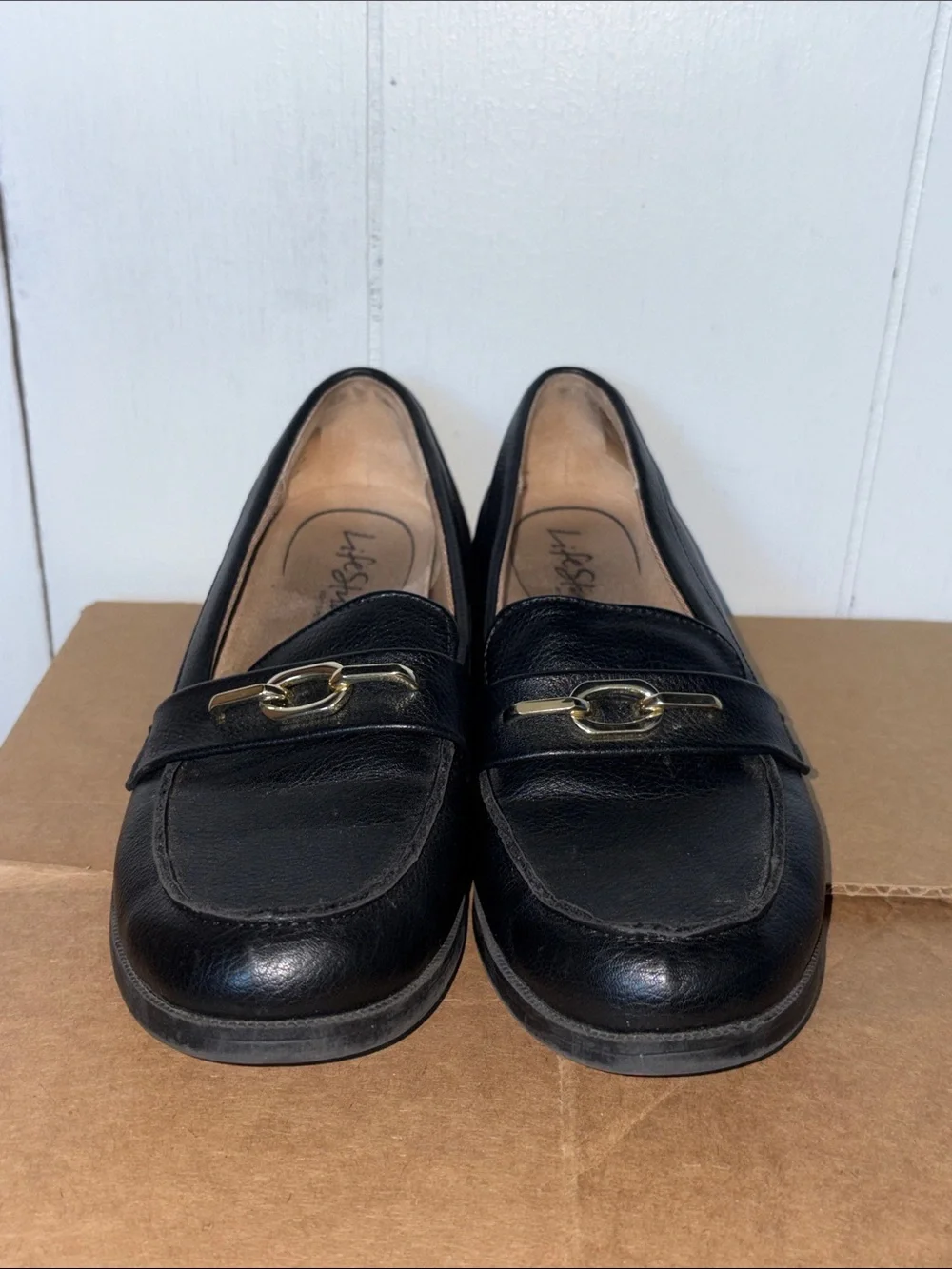 Life Stride Black Leather Women's Loafers with Gold Accent size 8 M